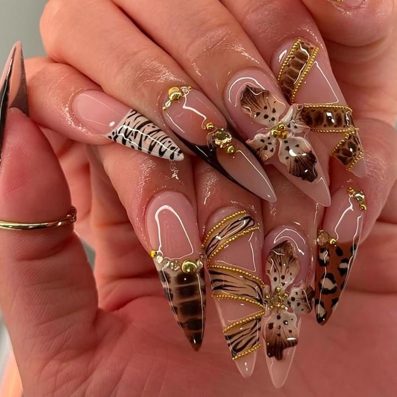 SEENEEY Almond Press on Nails Long Brown Flowers Stick on Nail for Women 24pcs - Image 2